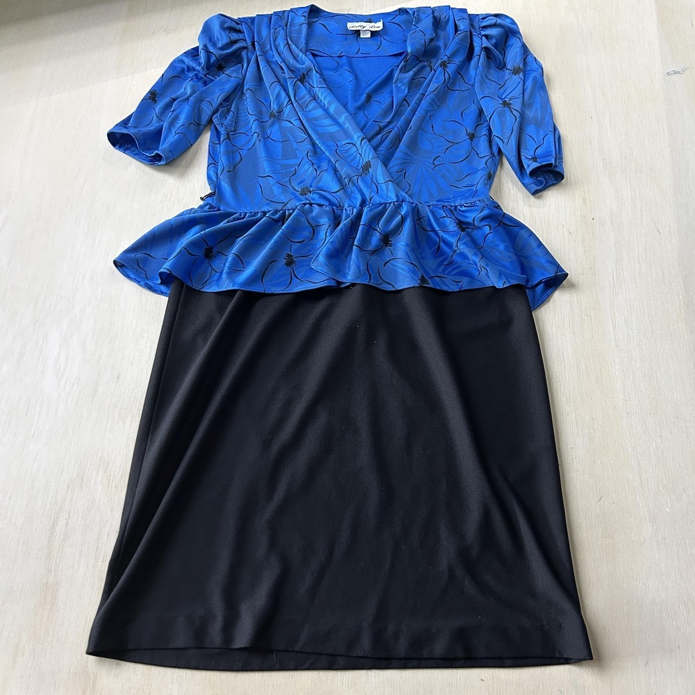 Vintage Sally Lou Dress Womens 10 Blue Floral Short Sleeve V Neck Peplum Pencil